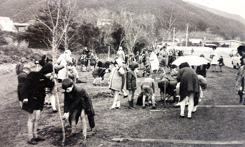 Epuni School students planting trees on Riverside Drive,  c.1973